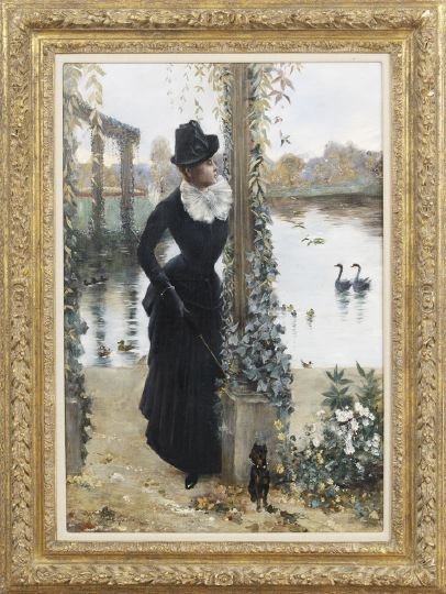 Norbert Goeneutte (French, 1854-1894): Norbert Goeneutte (French, 1854-1894) "Jeune Femme au Petit Chien Noir", oil on canvas, signed lower left "Norbert Goeneutte", reverse stretcher with a "Stoppenbach & Delestre Ltd., London" gallery la