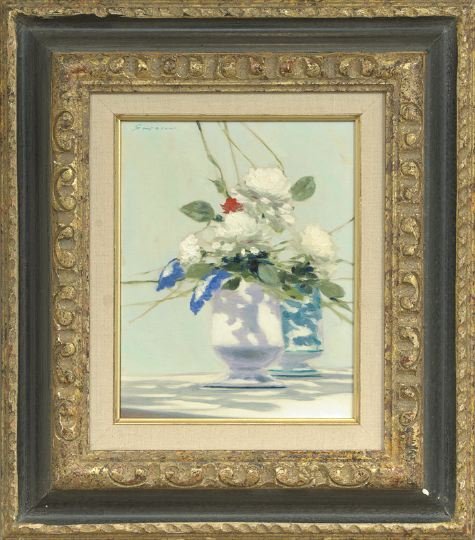 Andre (Gittelson) Gisson (American, 1921-2003): Andre (Gittelson) Gisson (American, 1921-2003) "White Carnations Still Life", oil on canvas, signed upper left "Gisson", 10" x 8". Presented in an ebonized and parcel-gilt frame with a linen liner.
