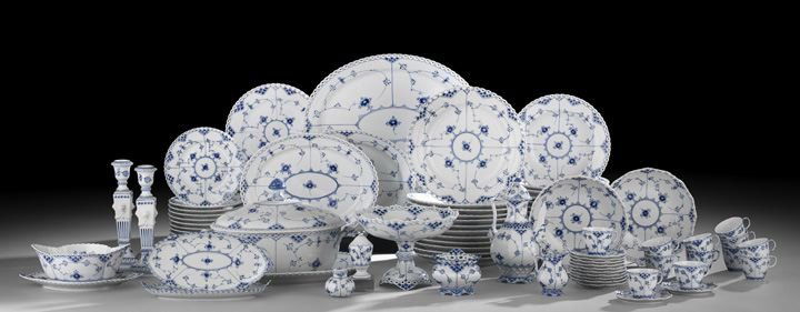 90 Piece Royal Copenhagen Dinner Service: Ninety Piece Royal Copenhagen "Blue Fluted Full Lace" Dinner Service, designed by Arnold Krog in 1888, comprised of twelve dinner plates, dia. 10-1/8"; twelve luncheon plates, dia. 9", twelve bread an