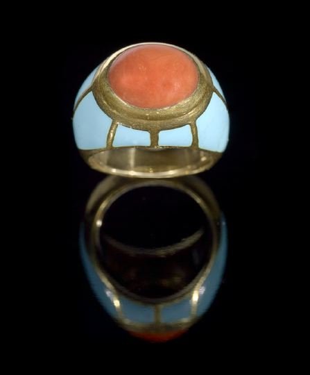 18 Kt. Yellow Gold, Coral and Enamel Lady's Ring: Dramatic Eighteen Karat Yellow Gold, Coral and Enamel Lady's Ring, composed of a bezel-set oval coral cabochon surrounded by cells of turquoise colored enamel in the yellow gold mounting, signed BORIS