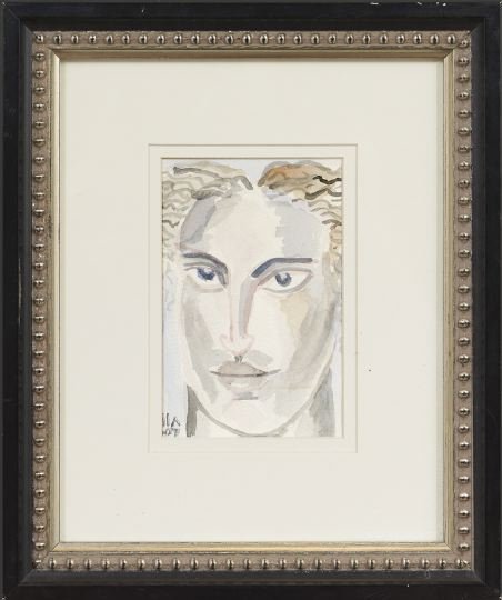Mario Villa (American/Louisiana, b. 1953): Mario Villa (American/Louisiana, b. 1953) "Head", watercolor on postcard paper, signed and dated " '07" lower left, 6" x 4". Glazed, matted and framed.