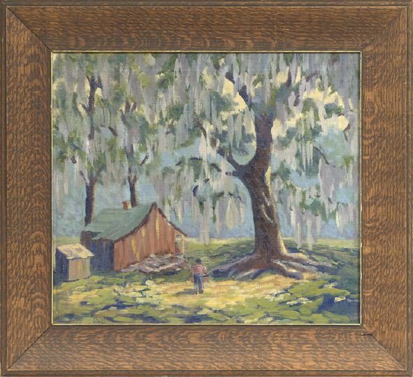 Studio of Clarence Millet (Louisiana, 1897-1959): Studio of Clarence Millet (American/Louisiana, 1897-1959) "Cabin Under a Live Oak", oil on canvas, unsigned, 18" x 20". Presented in a Arts and Crafts tiger oak frame.