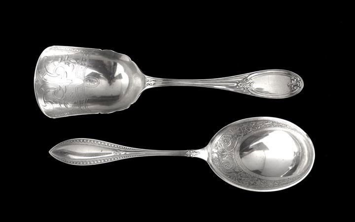 Two 19th Century American Silver Serving Pieces: Two 19th Century American Silver Serving Pieces, second half 19th century, including a John C. Moore "Louis XIV" coin (.900) silver nut scoop retailed by Wriggens & Warden, Philadelphia, Pennsylvania,