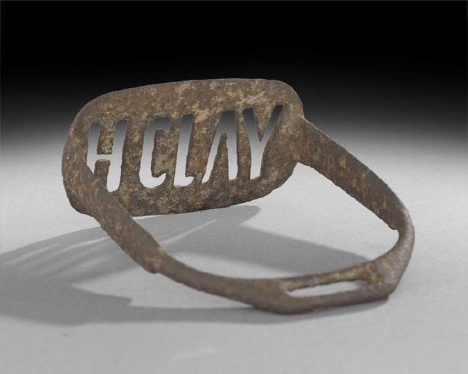American Iron "H. Clay" Stirrup,: American Iron Stirrup, the Footplate with the Cut-Out Letters "HCLAY", 19th century, presumably for Kentucky Senator, Speaker of the House and statesman Henry Clay, h. 5-1/2", w. 4-1/4". A similar pai