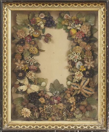 Victorian Shadowbox Wreath of Flowers and Shells: Victorian Shadowbox Wreath of Flowers and Shells, third quarter 19th century, the wreath depicting flowers, fruit and shells, composed of wax, nuts and shells with leaves of paper or cloth, the cove-m
