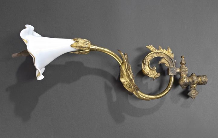 Morning Glory Gas Wall Sconce: Morning Glory Gas Wall Sconce, second quarter 19th century, probably Boston, with opaline blossom, retaining its original gilt surface, h. 5", l. 15-1/2".