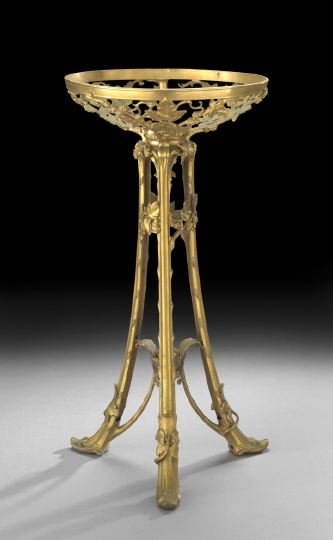 Interesting Christofle Gilt-Bronze Lamp Base: Interesting Christofle Gilt-Bronze Lamp Base, first quarter 20th century, the pierced-grape and leaf-decorated circular bowl receiver (lacking the shade) mounted to a tripodal base with vine decor, th