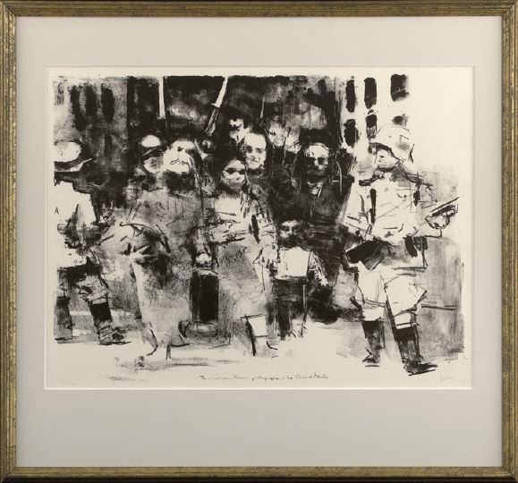 Jack Levine (American/New York, b. 1915): Jack Levine (American/New York, b. 1915) "Warsaw Ghetto", 1969, lithograph on B. F. K. Rives paper, pencil signed lower right "J. Levine", numbered lower left "54/120", inscribed in the plate lower ce