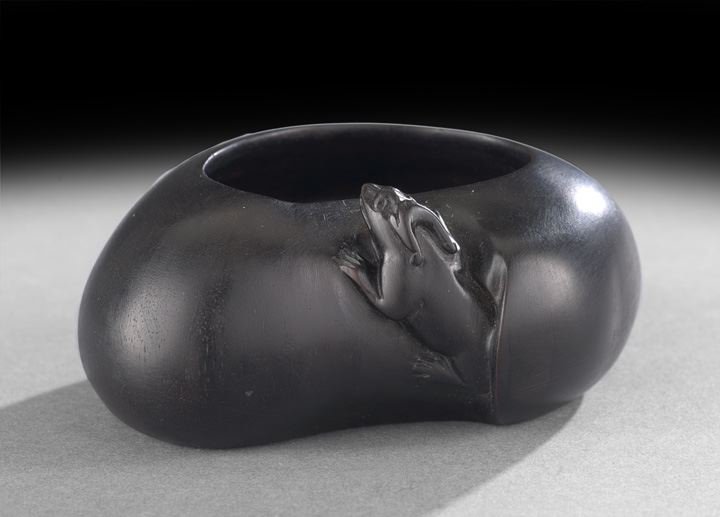 Good Chinese Carved Zitan Brush Washer: Good Chinese Carved Zitan Brush Washer, first half 20th century, carved in outline in the form of a peach with the figure of a horned lizard crawling up the cleft of the peach, the central well hollow
