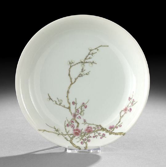 Fine Chinese Famille Rose Saucer Dish: Fine Chinese Famille Rose Saucer Dish, 19th century, the low saucer-shaped dish decorated in famille rose enamels on the exterior with flowering prunus trees with gnarled branches continuing the desig