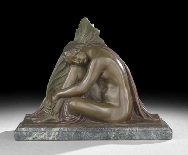 Richard Guino (French, 1890-1973): Richard Guino (French, 1890-1973) "La Muse", patinated bronze sculpture, signed "Guino", dated "copyright 1986", bearing a foundry mark "R.G.C." and numbered "44/325", on a verdigris marble base, h. 1