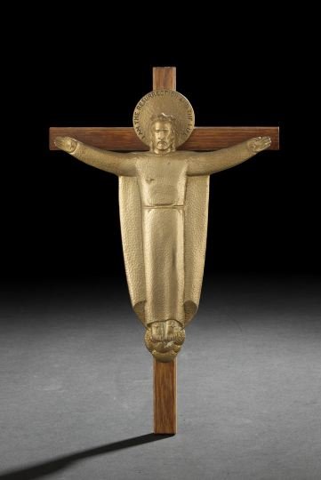 Robert Amendola (American, 1909-1998): Robert Amendola (American, 1909-1998) "Crucifix", gilded hammered bronze and oak, second quarter 20th century, h. 14", w. 9". One of Amendola's best known works, this is called "The Amendola Crucifix"