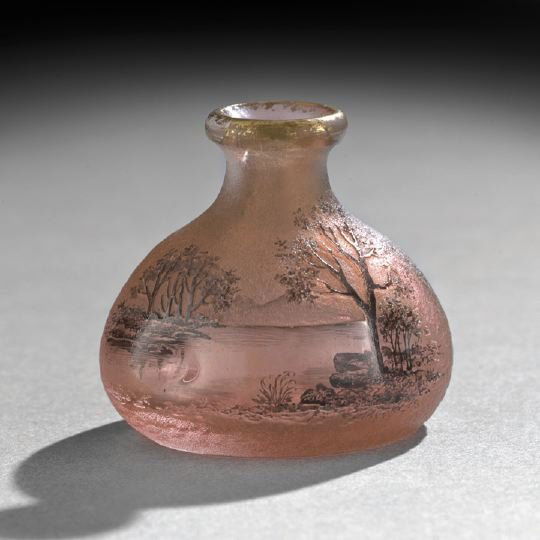 Diminutive Daum, Nancy Cabinet Vase: Diminutive Daum, Nancy, Acid Etched, Cameo-Cut and Enameled Landscape Cabinet Vase , first quarter 20th century, the rim parcel-gilt, the dimpled body with a tiny reserve depicting lakeshore trees, si