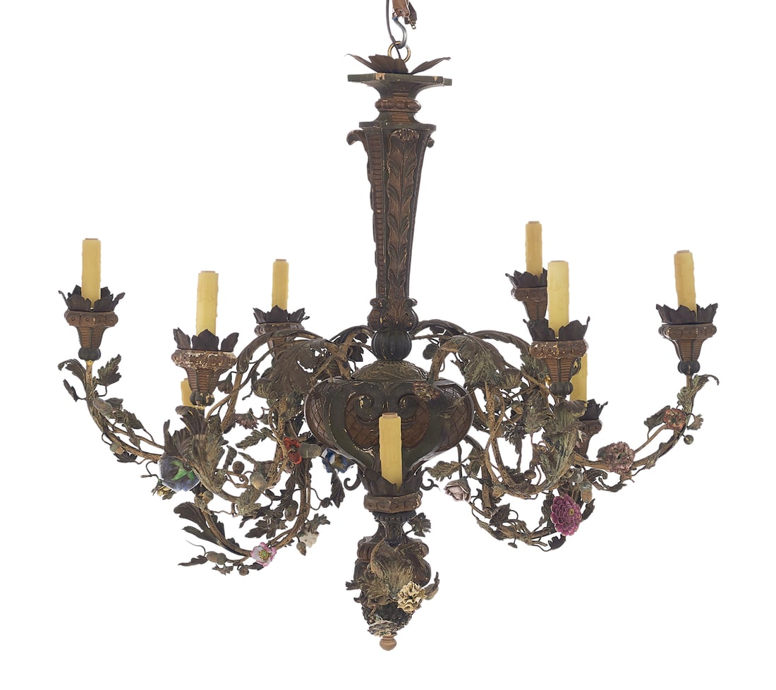 Continental Metal, Wood and Porcelain Chandelier (1 of 1)