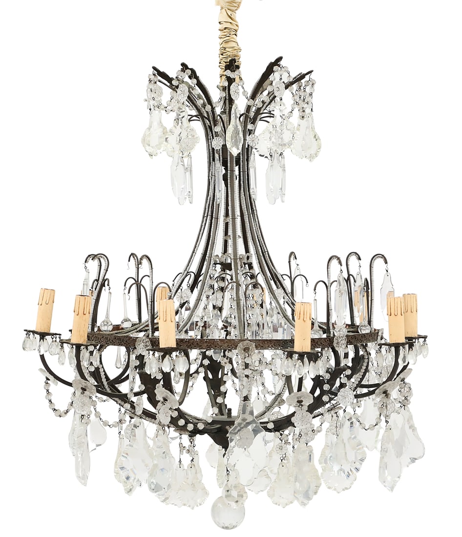 Patinated Metal and Glass Chandelier: Patinated Metal and Glass Chandelier third quarter 20th century, the ten-light chandelier with a patinated metal body and an outer ring supporting scrolled candle arms and glass bead-lined scrolls sup