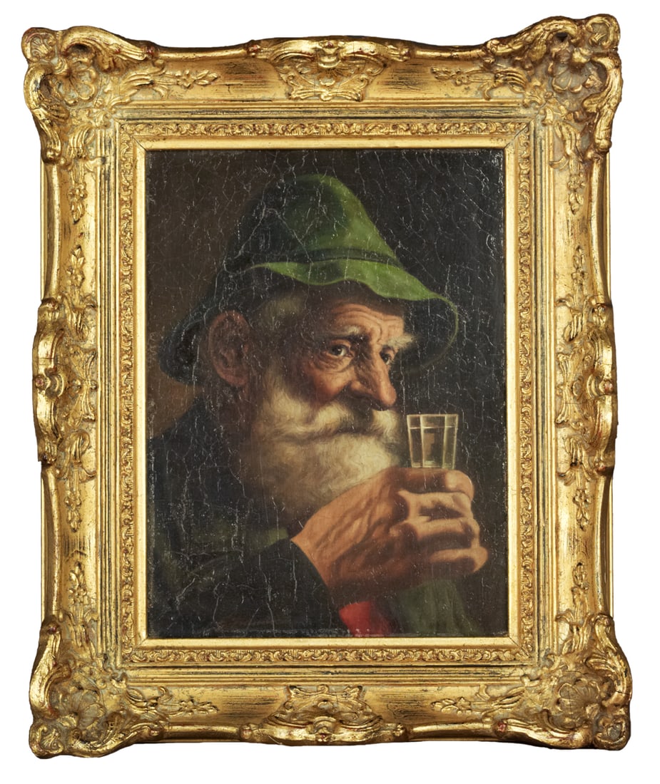 Continental School, (Fourth Quarter 19th Century): Continental School (Fourth Quarter 19th Century) "Portrait of an Elderly Bavarian Man Holding a Glass" oil on board illegibly signed lower left. Attractively framed. 10" x 7", framed 13" x 10-3/4"