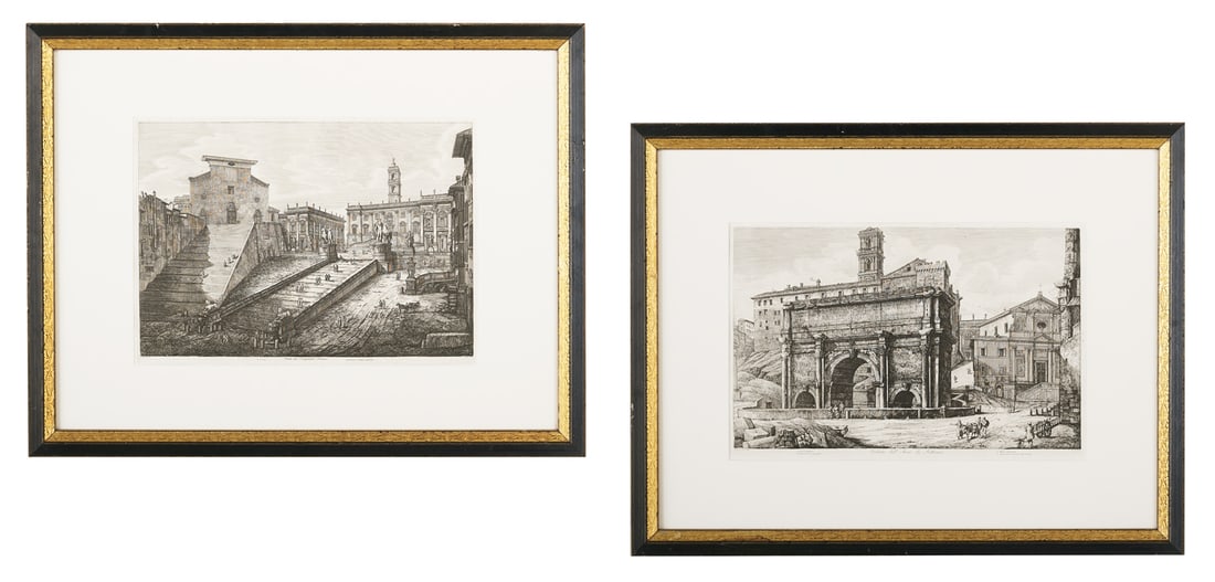 After Luigi Rossini, (Italian, 1790-1857): After Luigi Rossini (Italian, 1790-1857) "Veduta del Campidoglio Romano" and "Veduta dell'Arco di Settimio" two etchings each with artist, title and date "1823" and "1820" printed lower margin. Each m