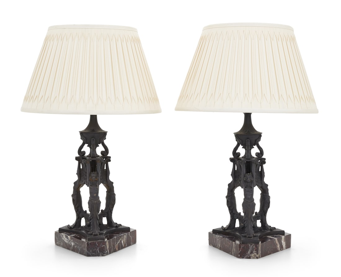 Pair of Patinated Bronze and Marble Table Lamps (1 of 2)