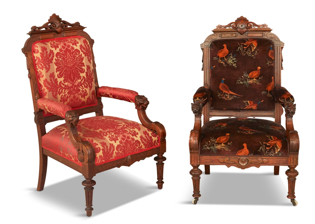 American Renaissance Revival Armchairs: Near Pair of American Renaissance Revival Armchairs third quarter 19th century, one constructed of rosewood, with a carved crest above a paneled and fluted back frame, the arm fronts with carved lion