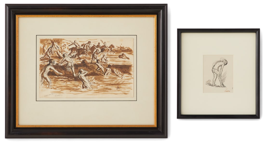 Maximilien Luce (French, 1858-1941): Maximilien Luce (French, 1858-1941) "Le Baigneur" ".... Au Bain" ink and graphite watercolor and ink former signed lower right, and latter signed and titled lower left. Each matted, glazed and framed.