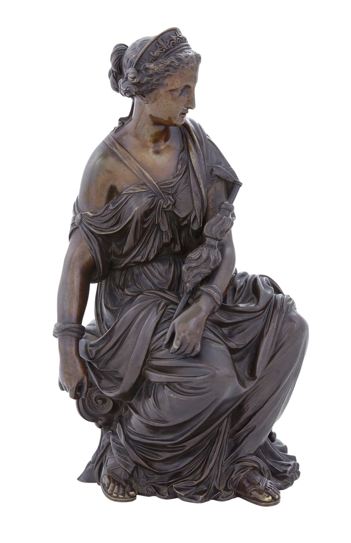 French Patinated Bronze of a Noble Roman Lady: French Patinated Bronze of a Seated Noble Roman Lady first or second quarter 20th century, after Duchoiselle (French, 19th Century), cast signature along side. h. 11-1/2", w. 6-1/2", d. 6"