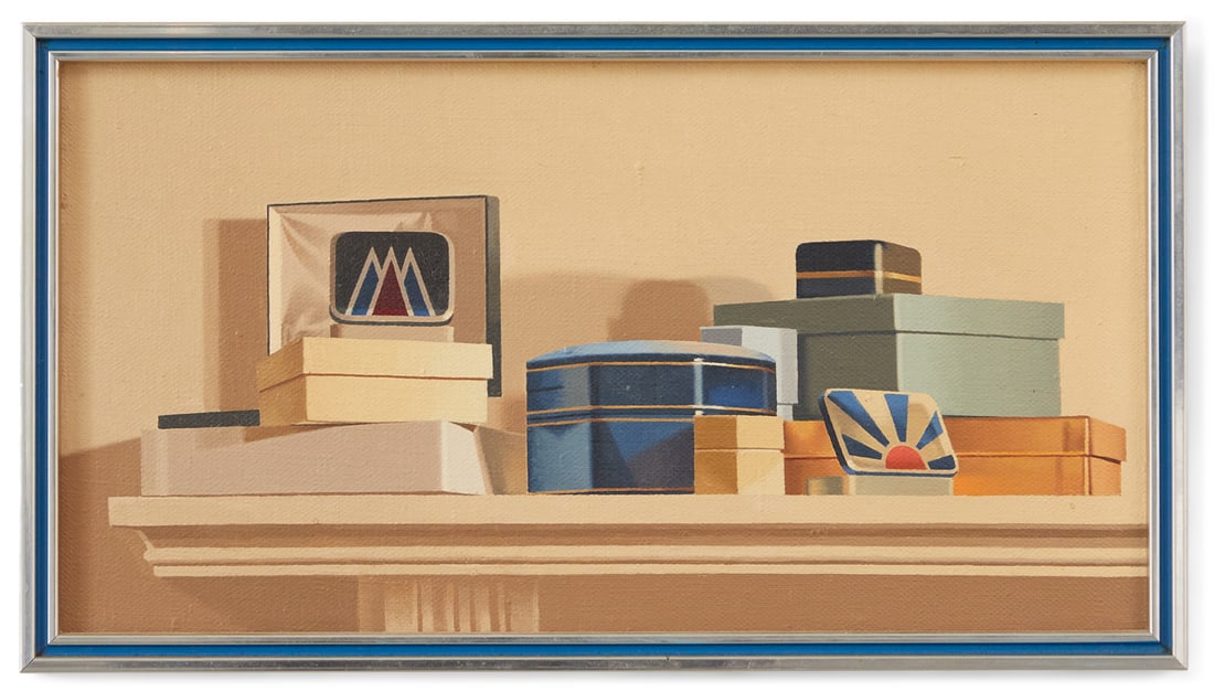 Harold Reddicliffe, (American, b. 1947): Harold Reddicliffe (American, b. 1947) "Still Life of Boxes", 1977 oil on canvas signed, dated, and "Hal Reddicliffe, New Paintings & Drawings", Circle Gallery, New Orleans, LA, 1977 card en verso. Fr