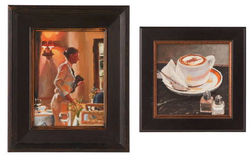 Two Contemporary American Paintings: Two Contemporary American Paintings including: Cynthia Hamilton, "The Waitress", oil on board, signed lower right; and Vincent Giarrano, "Cappuccino", oil on canvas, signed lower left and en verso str