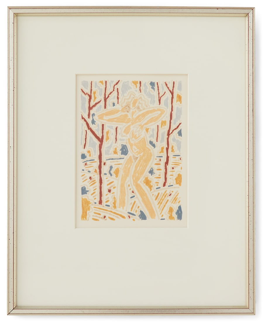 Robert Gordy (American/Louisiana, 1933-1986): Robert Gordy (American/Louisiana, 1933-1986) "Female Nude" mixed media on paper "Arthur Roger Gallery, New Orleans" label with artist and title en verso. Matted, glazed and framed. 7" x 5", framed 15-