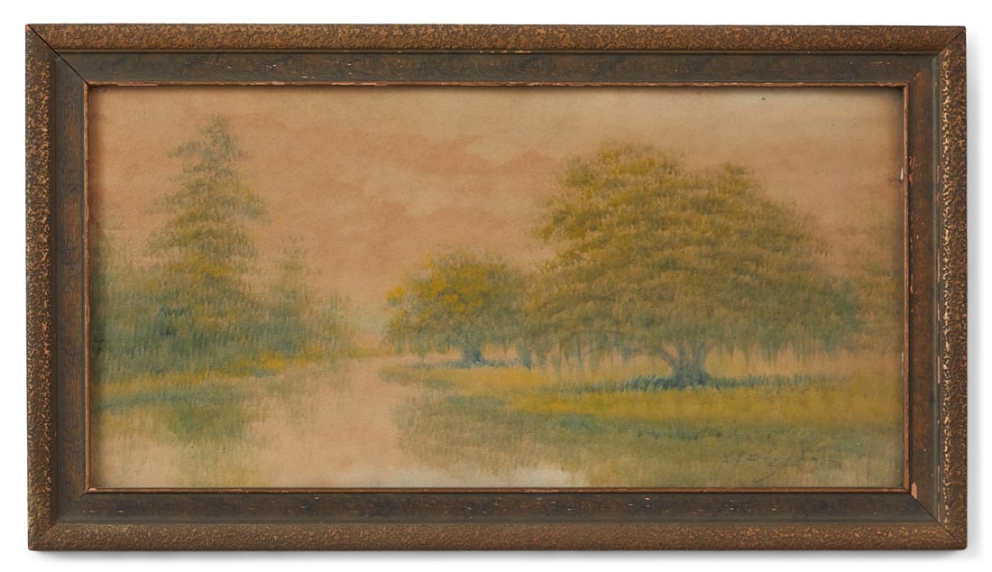Alexander Drysdale, (USA/Louisiana, 1870-1934): Alexander John Drysdale (American/Louisiana, 1870-1934) "Live Oaks and Cypress Trees, Louisiana Bayou" oil wash on board signed lower right. Period frame. 10" x 20", framed 12-1/2" x 22-1/2"