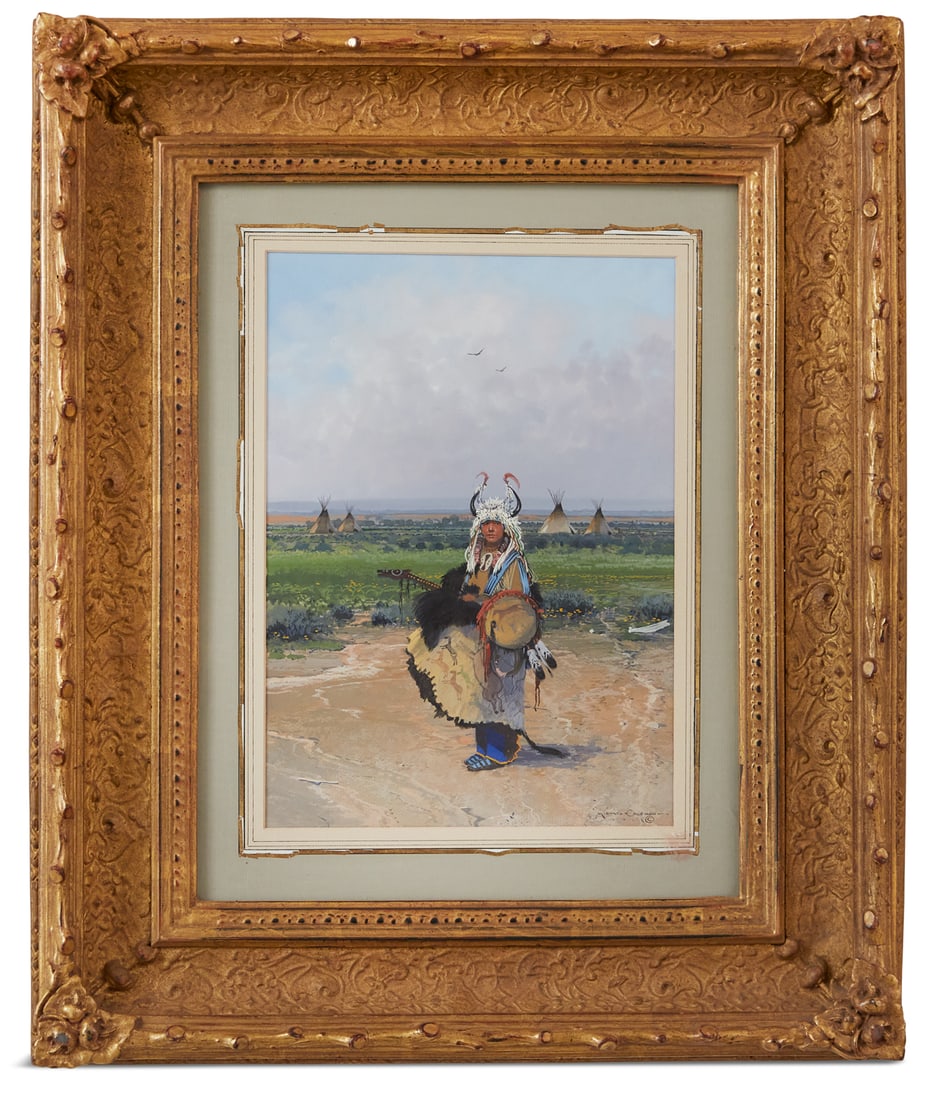 Michael Coleman, (American/Utah, b. 1946): Michael Coleman (American/Utah, b. 1946) "Cheyenne Camp, Po Po Agie River" gouache on paper signed lower right. Matted, glazed and framed. sight 14" x 10", framed 25" x 21-1/2"