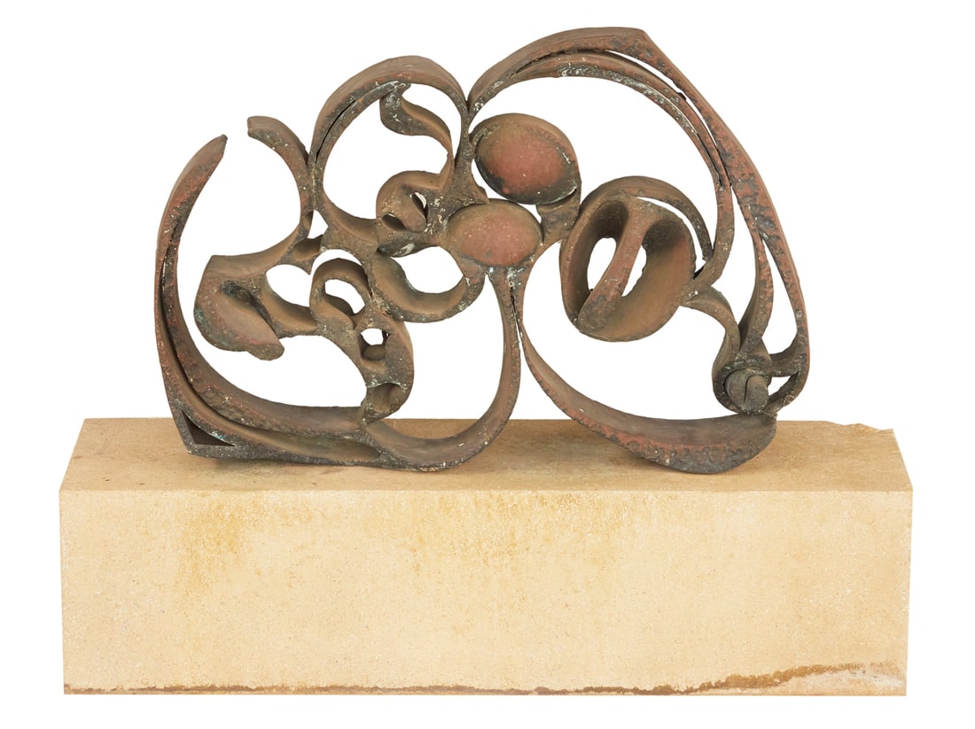 James Metcalf (American, 1925-2012): James Metcalf (American, 1925-2012) "Labyrinthe", 1962 patinated bronze on a rectangular stone base. sculpture h. 16", w. 23-1/2", d. 4-3/4"; base h. 7", w. 30", d. 8" Provenance: Galerie Europe, Pari