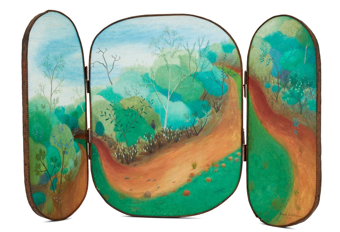 Anne Marie Graham (Australian, b. 1925): Anne Marie Graham (Australian, b. 1925) "Bush Triptych", 1968 oil on masonite, three panels signed and dated on far right panel, verso with "Gallery Petit, London, U.K." label and "Toorak Art Gallery"