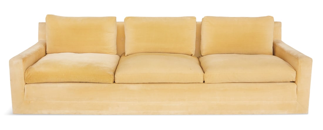 Long, Three-Cushion Velvet Sofa: Long, Three-Cushion Velvet Sofa 1970s, the low, button-tufted back faced with three loose cushions above three loose seat cushions, all down-filled, and raised on six small, square block "hidden" feet