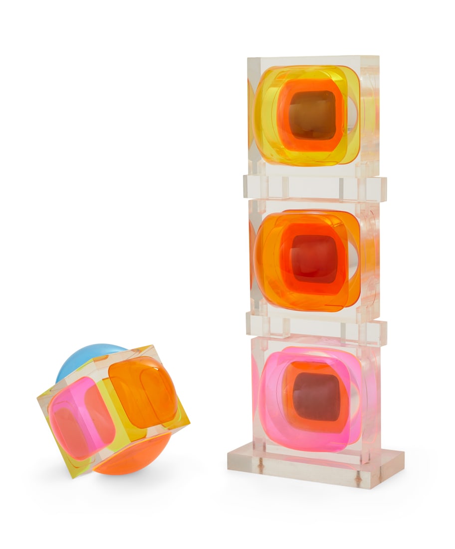 Aaronel deRoy Gruber (American, 1918-2011): Aaronel deRoy Gruber (American, 1918-2011) "Anamorphic Lens", 1970 "Cube" two acrylic and plexiglass sculptures former with incised signature, dated and numbered "3/8" at edge of self-base. h. 17", w.