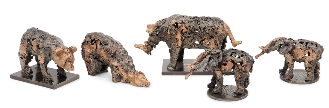 Philippe Buil (French, b. 1964): Philippe Buil (French, b. 1964) "Menagerie" group of five patinated bronze and steel sculptures of animals including "Ours", "Picouette", "Rhinoceros", and two "Elephants", all with incised signature 