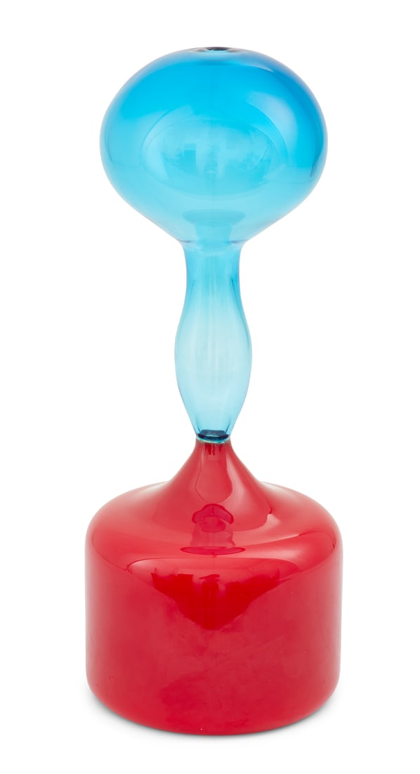 Monica Guggisberg and Philip Baldwin: Monica Guggisberg (Swiss, b. 1955) and Philip Baldwin (American, b. 1947) Venini Murano Glass "Trio Baritono" 2018, blown glass, in shades of aquamarine and scarlet, with small "Venini" label at side.