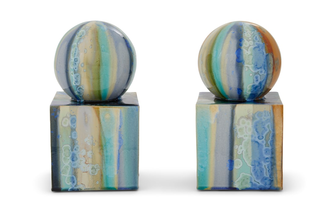 Kate Malone, MBE (British, b. 1959): Kate Malone, MBE (British, b. 1959) "Striped Spheres and Cubes", 2020 pair of crystalline-glazed stoneware sculptures each signed and dated at bottom. each h. 12-3/4", w. 6-1/2", d. 6-1/2" Provenance: