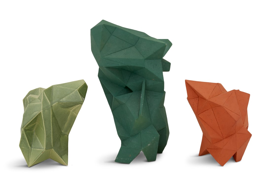 Karen Bennicke (Danish, b. 1943): Karen Bennicke (Danish, b. 1943) "Multi X", 2019 three glazed stoneware geometric sculptures each initialed at bottom. h. 9-3/4" to h. 16", approx. w. 8" to approx w. 9", approx. d. 5-1/2" to approx. 