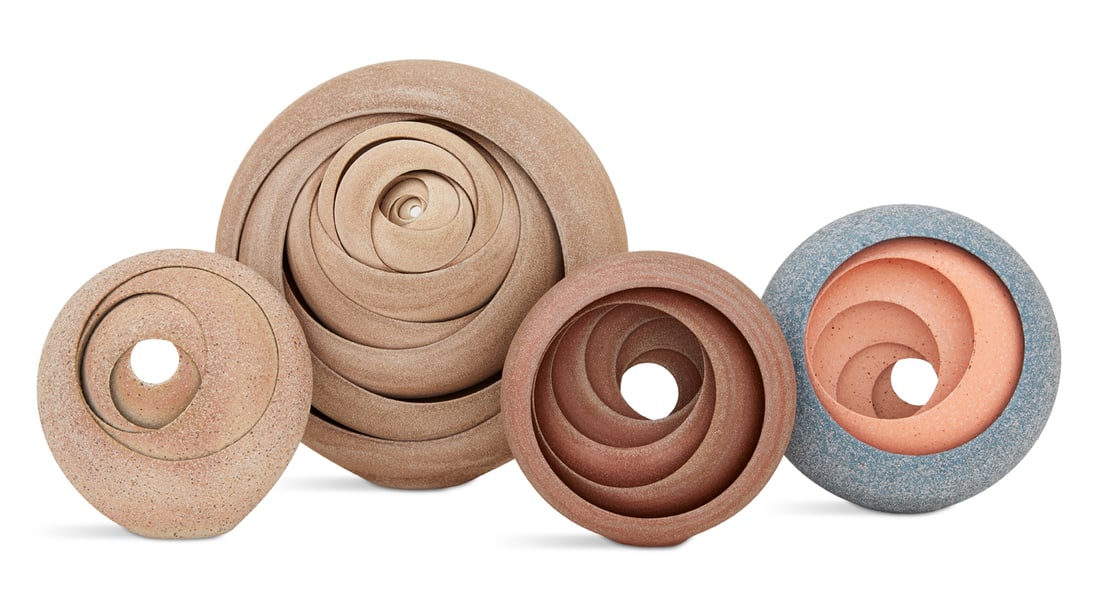 Matthew Chambers (British, b. 1982): Matthew Chambers (British, b. 1982) "Eclipse Sand", 2022 "Budd II", 2022 "Twist Smooth Red", 2022 "Twist Blue and Orange", 2022 group of four oxide-glazed sand and stoneware sculptures from h. 7", w.