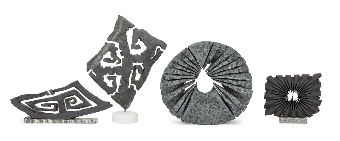 Ognyan Chitakov (Bulgarian, Contemporary): Ognyan Chitakov (Bulgarian, Contemporary) "Noah'a Ark", 2022, gabbro "Lightning Bolts", 2022, black granite on marble "Whirl", 2021, gabbro "Black Star", 2022, basalt and granite group of four carved