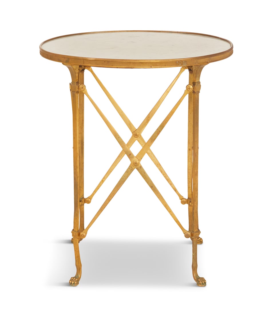 Marble-Top Gueridon in the Neoclassical Taste: Bronze and Marble-Top Gueridon in the Neoclassical Taste 20th century, the circular white marble top set within a bronze band and supported by four slightly curved legs ending in paw feet, the legs jo