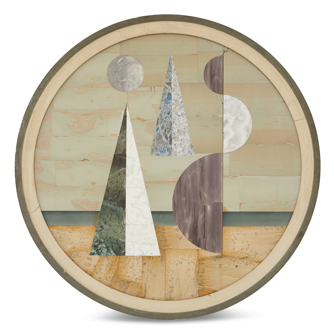 Richard Allmand Blow (American, 1904-1983): Richard Allmand Blow (American, 1904-1983) "Celestial Bodies in the Round", ca. 1970 Montici pietra dura marble plaque inlaid "M" cipher Montici mark lower right, verso with an exhibition label. Frame
