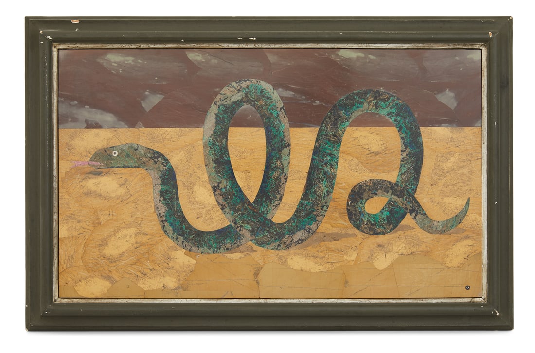 Richard Allmand Blow (American, 1904-1983): Richard Allmand Blow (American, 1904-1983) "Green Serpent", 1969 Montici pietra dura plaque inlaid "M" cipher Montici mark lower right, signed, dated and inscribed "Montici" en verso. Framed. 13" x 22