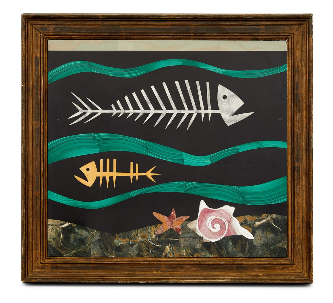 Richard Allmand Blow (American, 1904-1983): Richard Allmand Blow (American, 1904-1983) "Untitled", 1971 Montici pietra dura plaque inlaid "M" cipher Montici mark lower right, signed, dated and inscribed "Montici" en verso. Framed. 19" x 20-1/2"