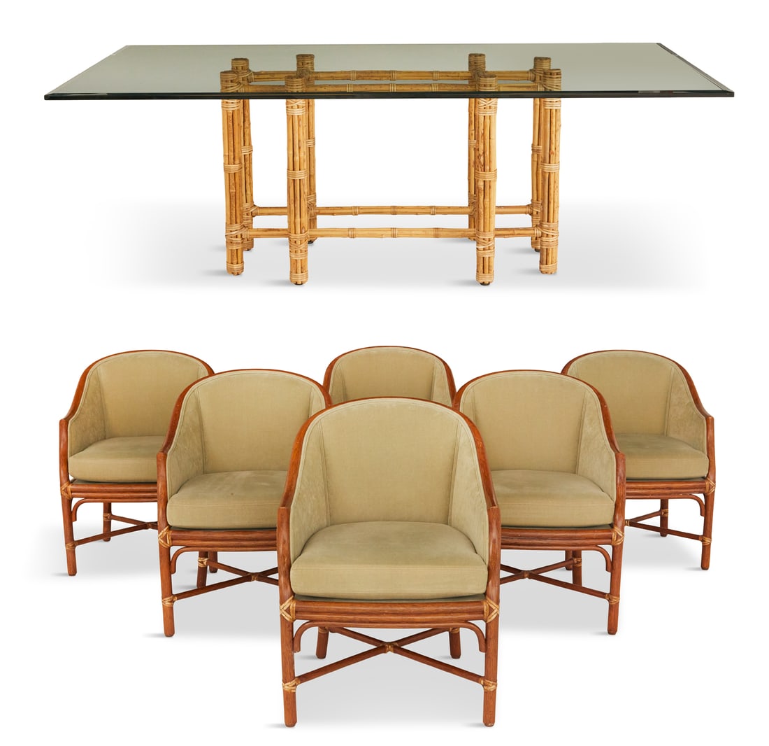 McGuire Rattan and Cane Dining Set: McGuire Rattan and Cane Dining Set 20th century, the set including six rattan barrel-form chairs with caned backs and arms, the bases with corner brackets and stretchers, upholstered in celadon velvet