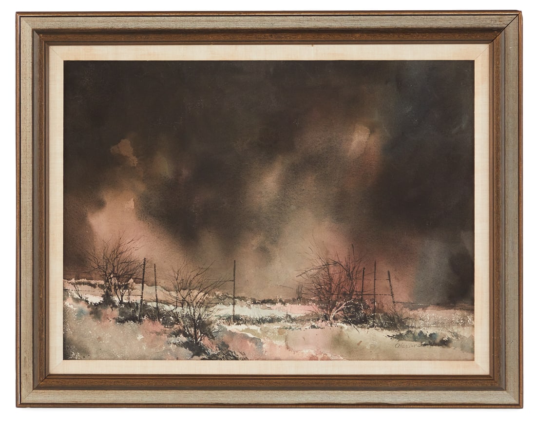 John Alexander (American/Texas, b. 1945): John Alexander (American/Texas, b. 1945) "Winter Landscape" watercolor on paper signed lower right. Glazed and framed. sight 21-1/2" x 29", framed 28" x 36"