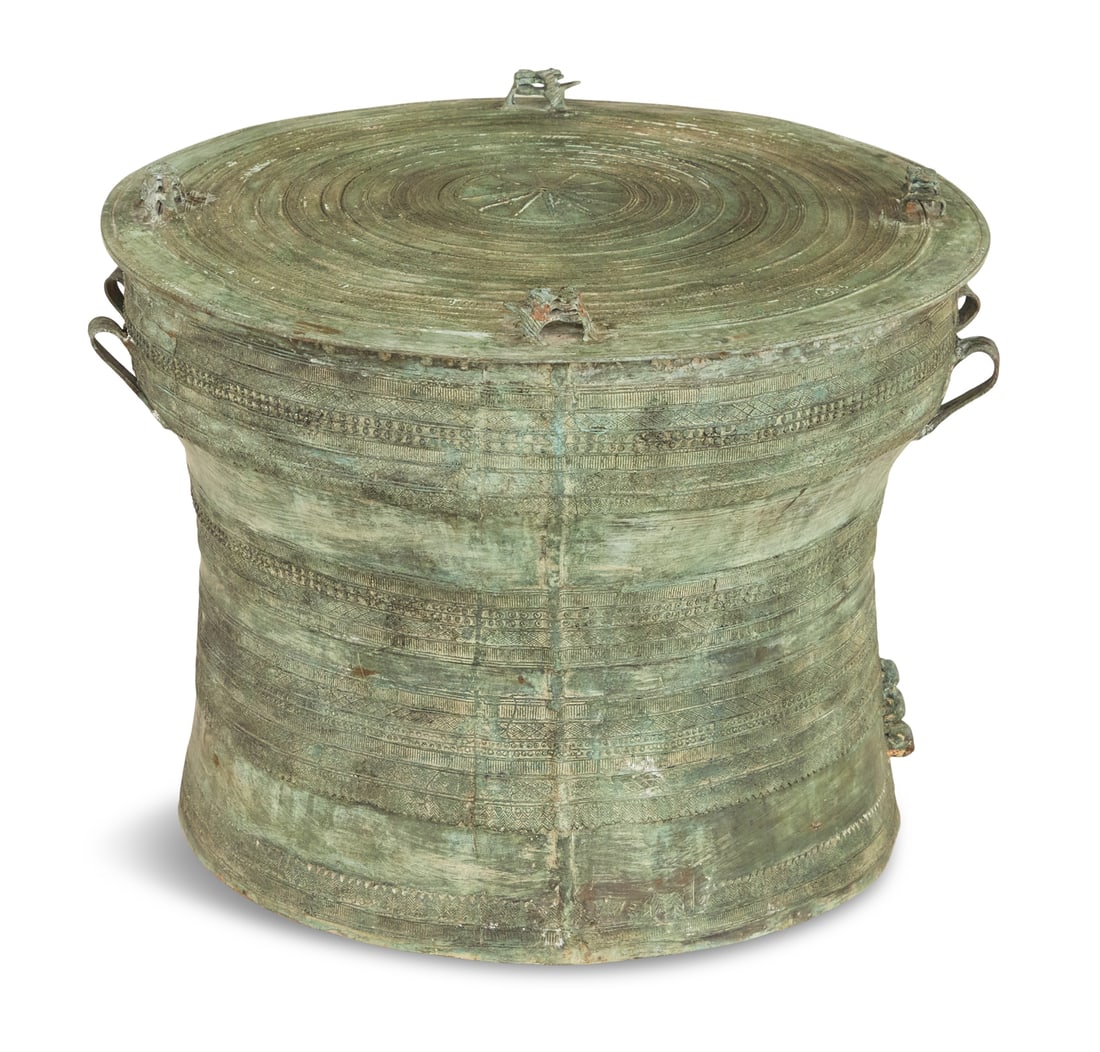 Bronze Rain Drum: Bronze Rain Drum Southeast Asia, also known as a frog drum and named for the sound it makes when pounded by monsoon rains, this example with a central medallion on top, framed with concentric rings, a