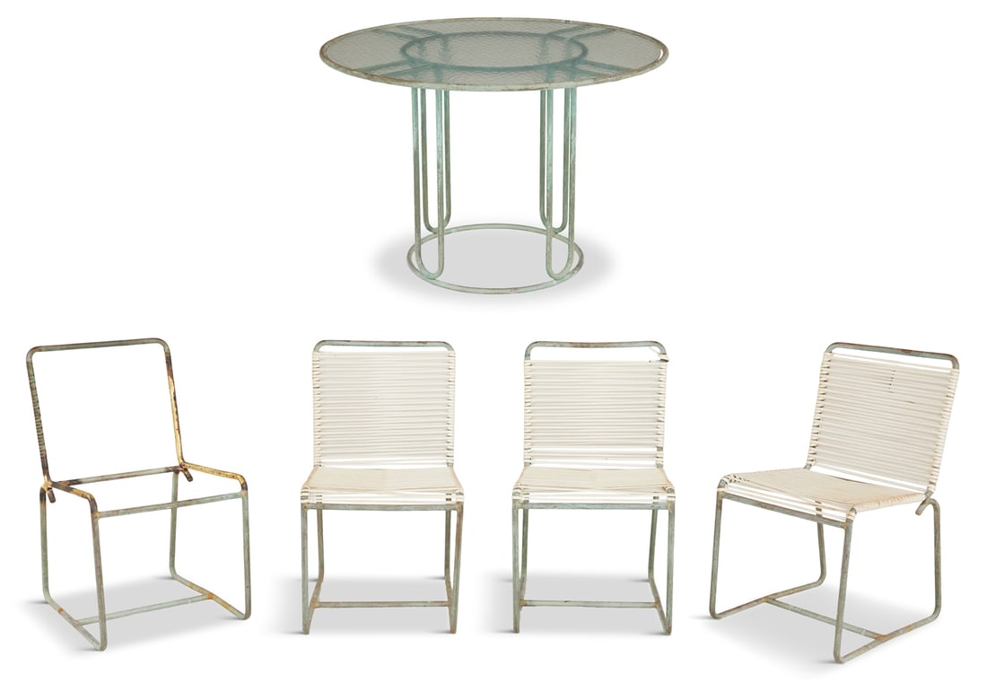 Rare Five-Piece Bronze Dining Set: Rare Five-Piece Bronze Dining Set mid-20th century, attributed to Walter Lamb for Brown Jordan, the set including a tubular bronze circular dining table, originally fitted with a wooden top, h. 28-1/2