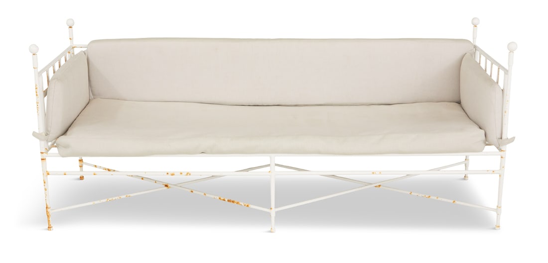 Iron Sofa with Cushions: Iron Sofa with Cushions 20th century, after a Mario Papperzini design, attributed to John Salterini, New York, in the "Amalfi" pattern, with a strapwork back and seat, the corners with ball finials, a