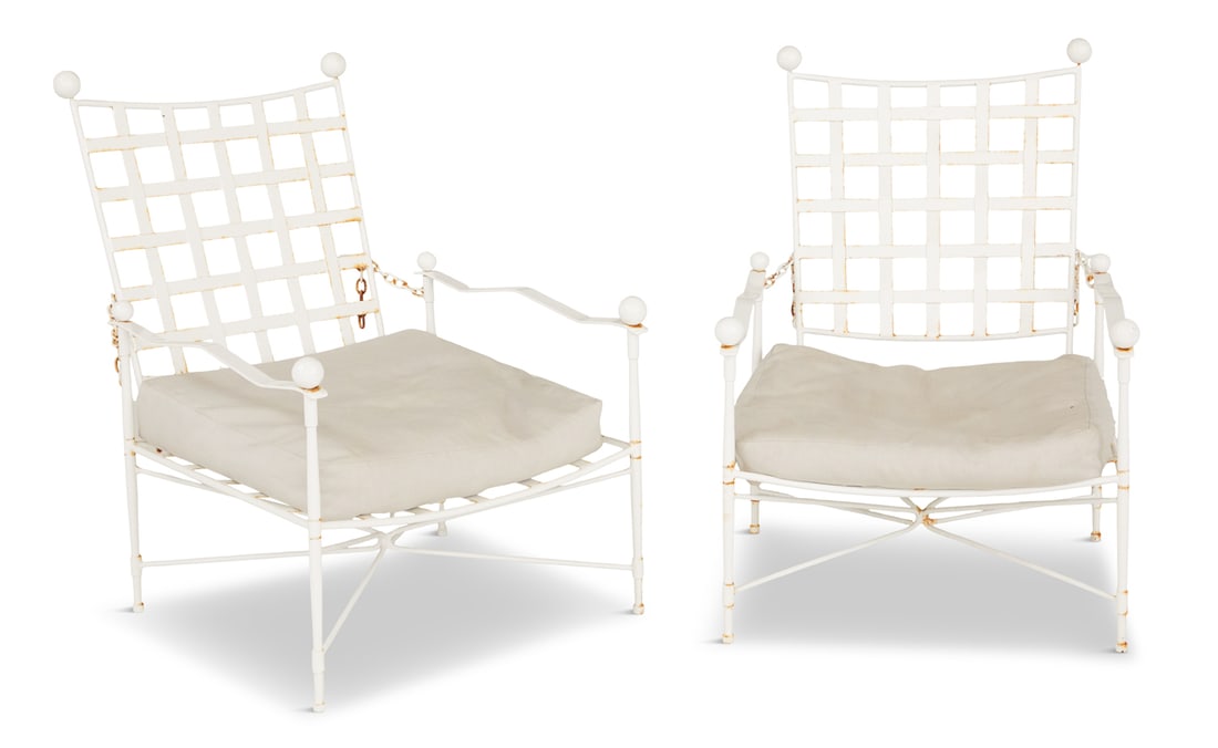 Pair of Wrought Iron Lounge Chairs: Pair of Wrought Iron Lounge Chairs 20th century, attributed to John Salterini, New York, after a design by Mario Papperzini, in the "Amalfi" pattern, with strap iron woven seats and backs, the corners